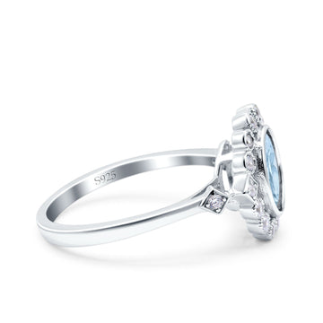 Halo Art Deco Wedding Ring Oval Simulated Aquamarine CZ 925 Sterling Silver